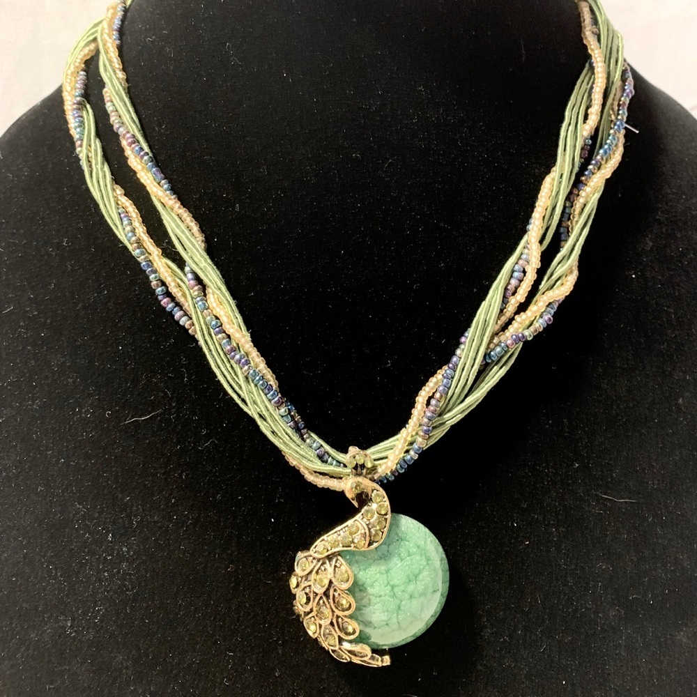 Green Peacock Pendant With Cord & Bead Necklace